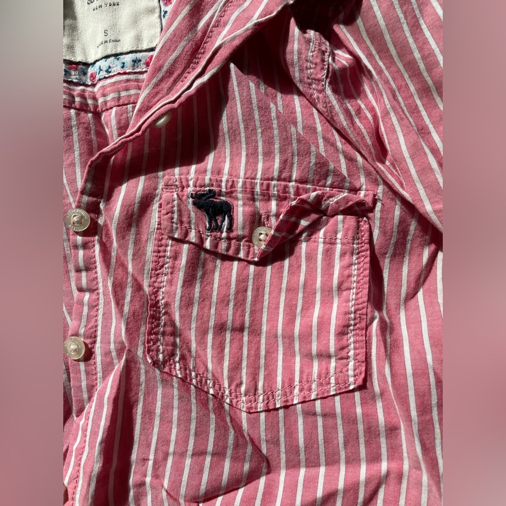 Pink and white striped Abercrombie and Fitch flannel